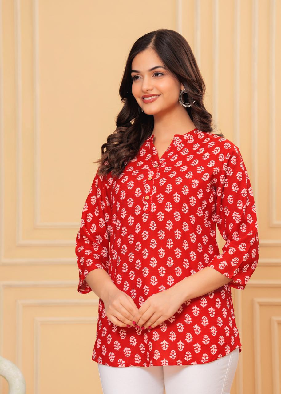 Pink Mandarin Collar Short Kurti with White & Red Block Print and Button Detail