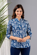 Round Mandarin Collar Sky Blue Floral Print Short Straight Kurti