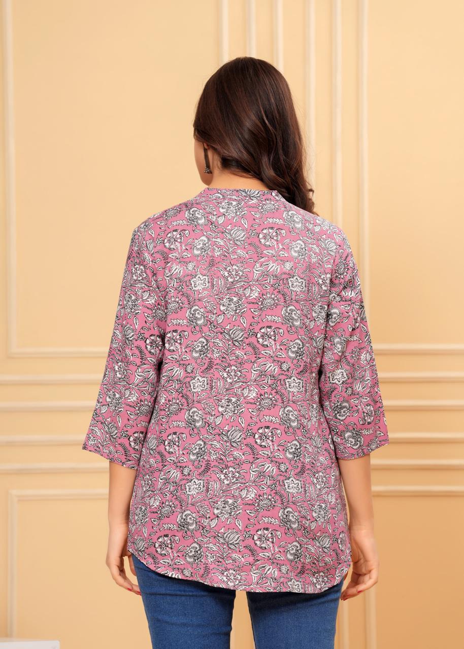 Mandarin Collar Lavender Floral Print Short Kurti
