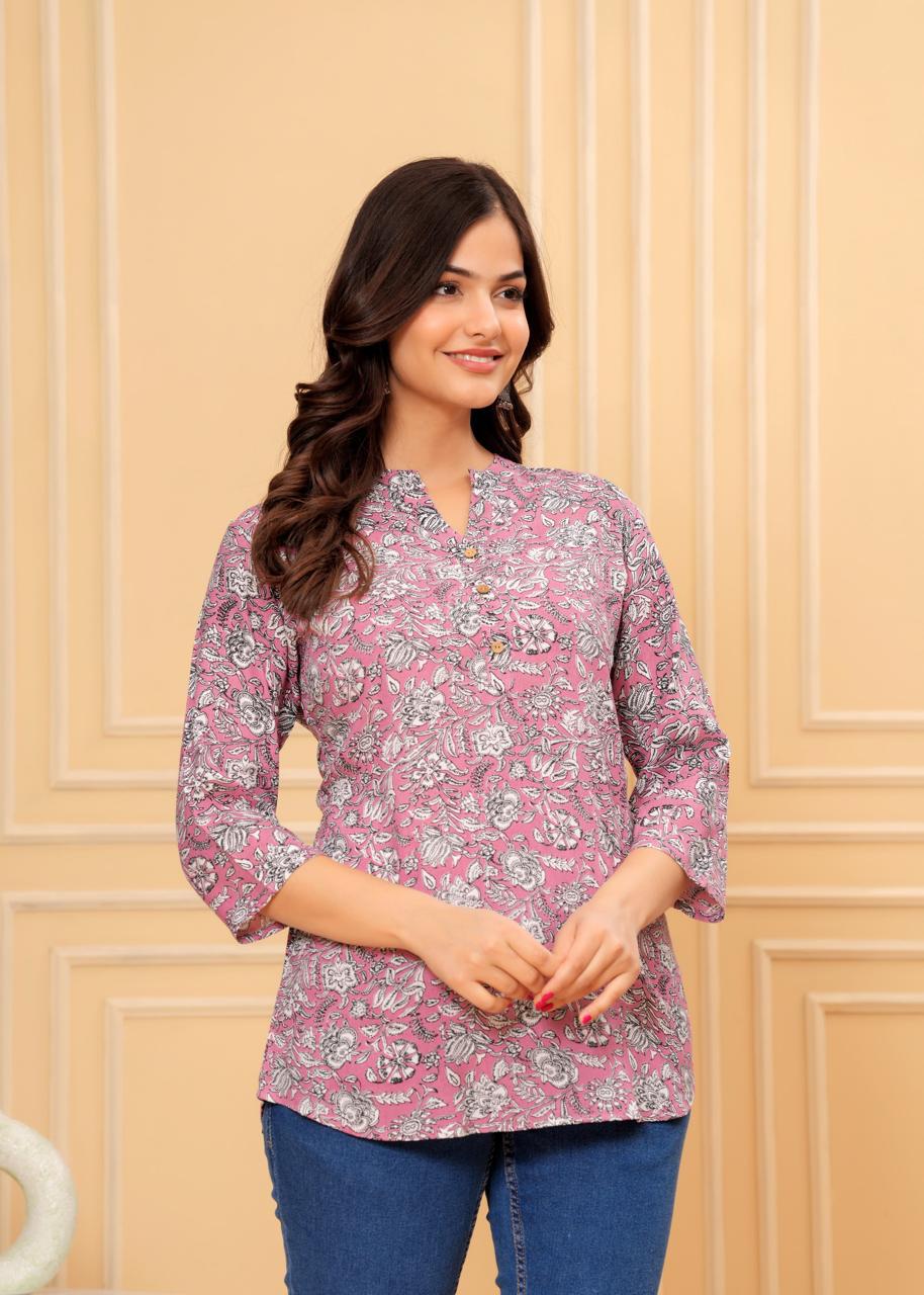 Mandarin Collar Lavender Floral Print Short Kurti