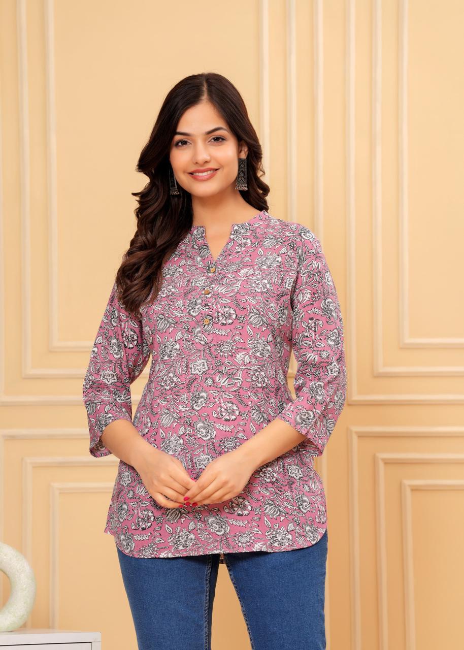 Mandarin Collar Lavender Floral Print Short Kurti
