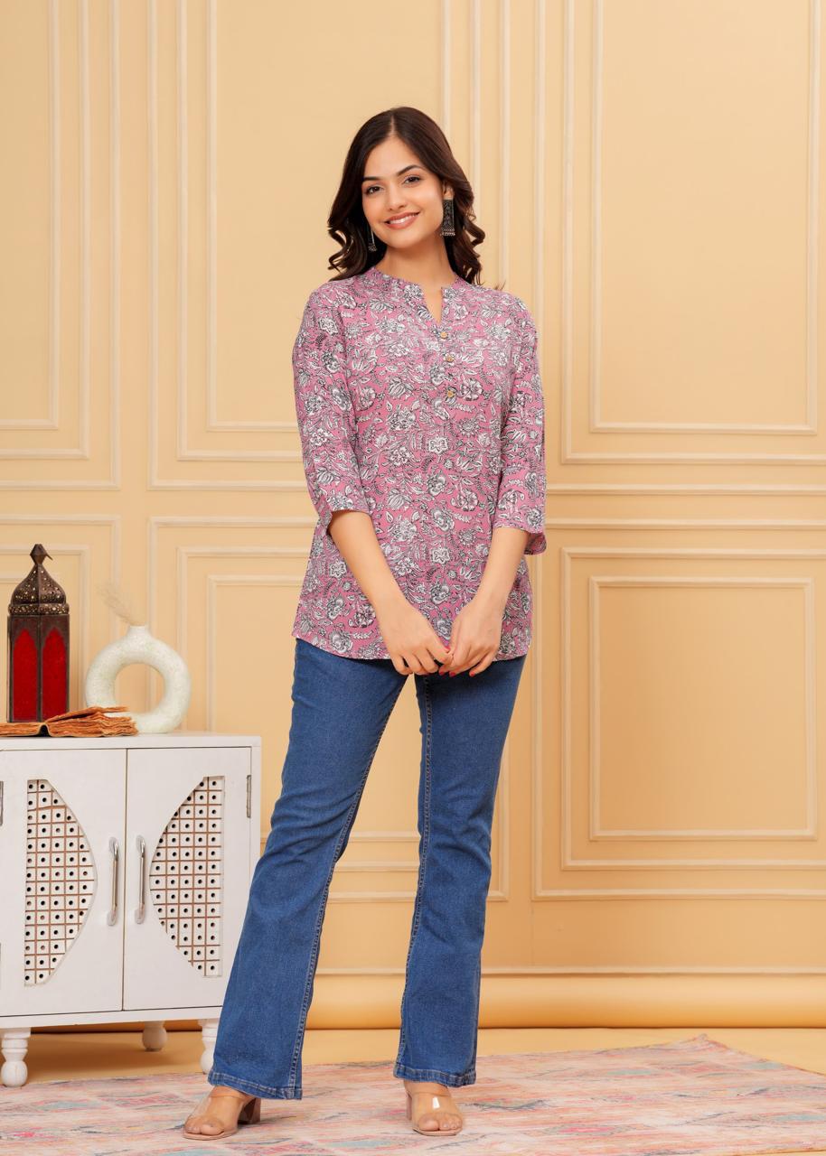 Mandarin Collar Lavender Floral Print Short Kurti