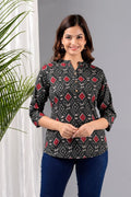 Mandarin Collar Black IKAT  Print Short Kurti