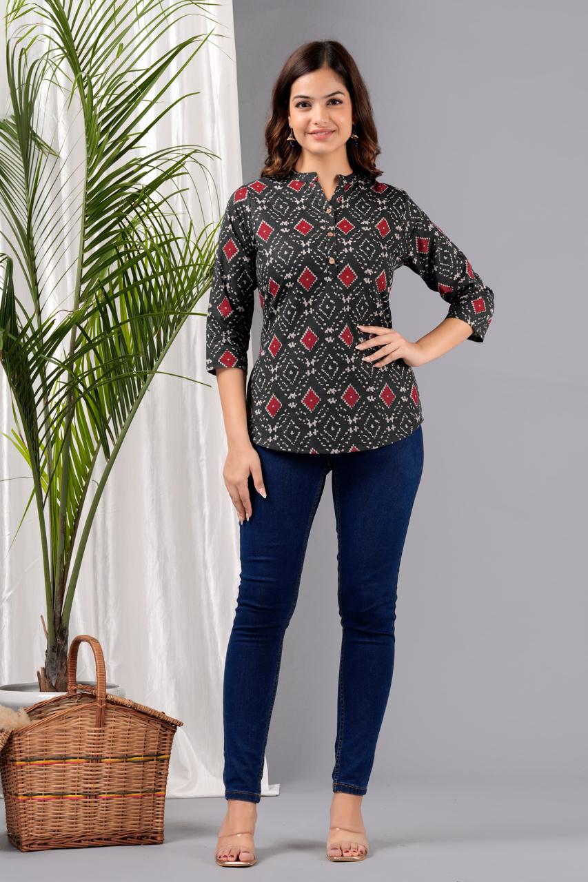 Mandarin Collar Black IKAT  Print Short Kurti