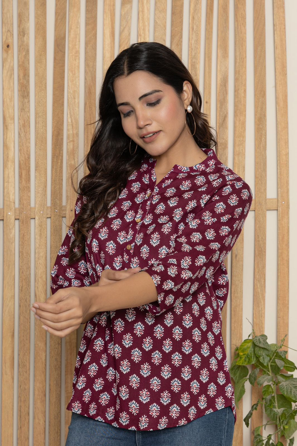 Mandarin Collar Berry Color Short Straight Kurti with button work on neck