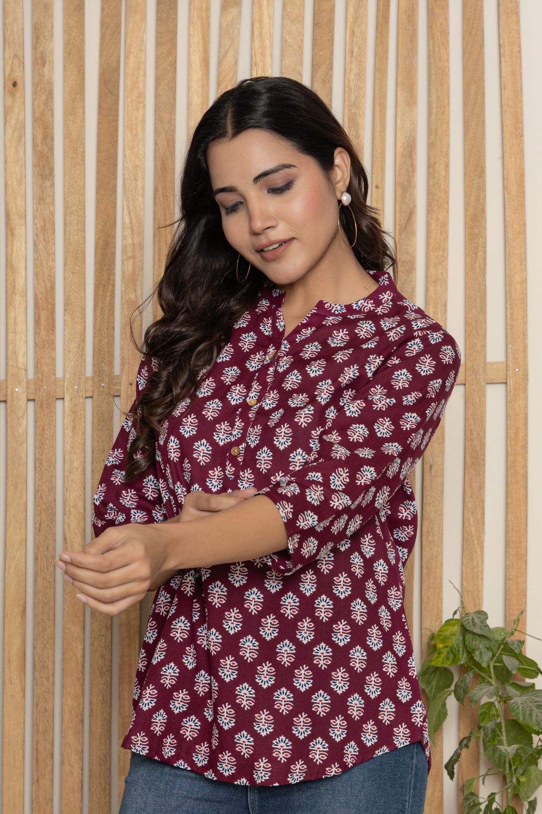 Mandarin Collar Berry Color Short Straight Kurti with button work on neck