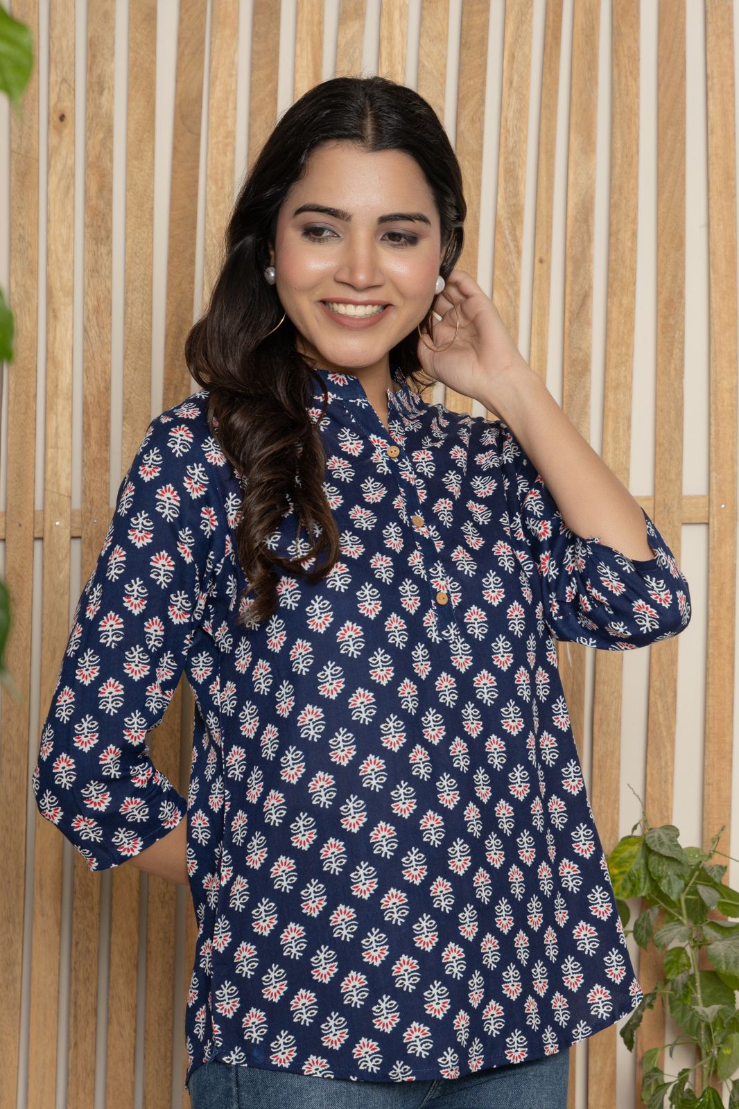 Mandarin Collar Indigo Color Short Straight Kurti