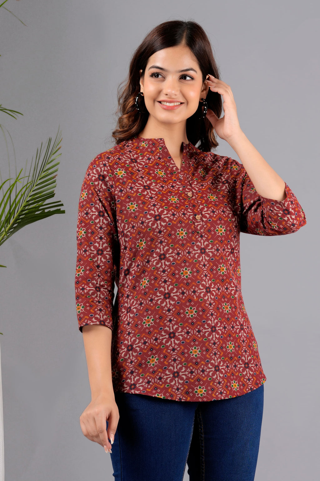 Mandarin Collar Cherry Red Color Short Straight kurti
