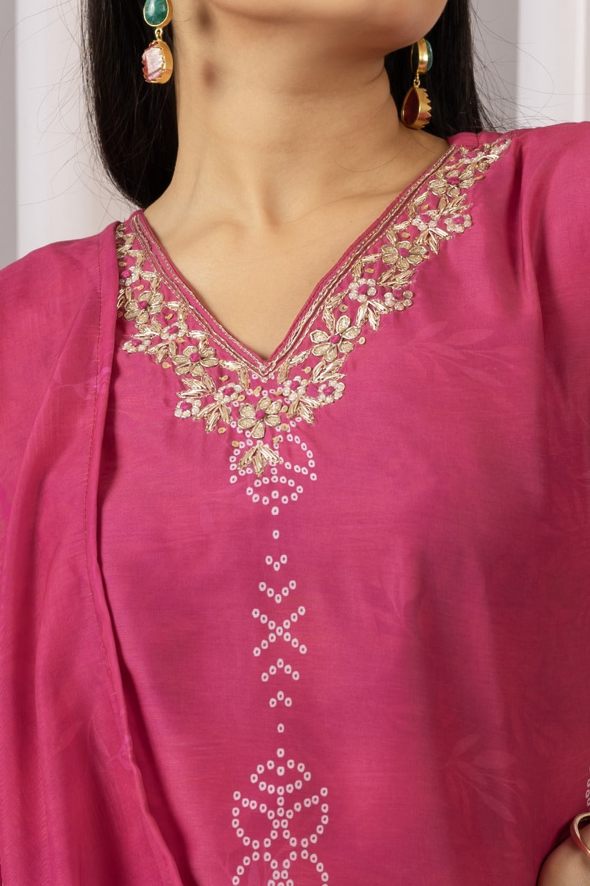Pink Floral Embroidered Satin Kurti Set with Bandhani Dupatta