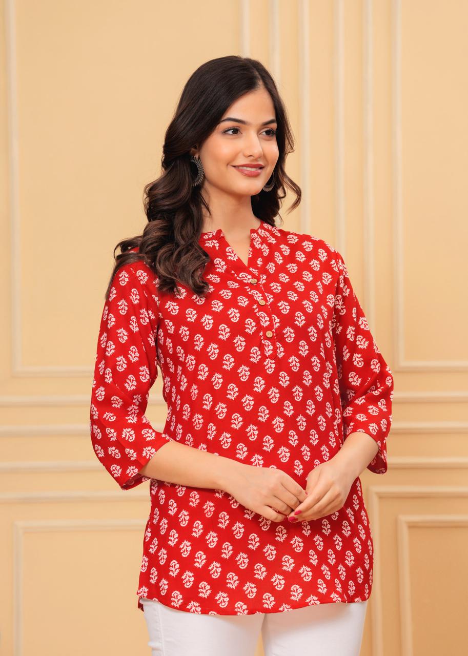 Pink Mandarin Collar Short Kurti with White & Red Block Print and Button Detail