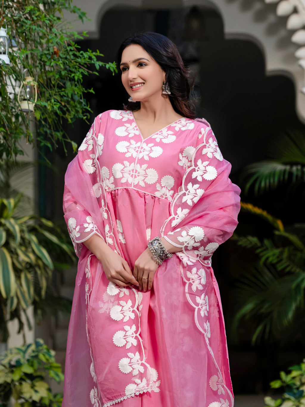 Pink Floral Embroidered V-Neck A-Line Kurta With Trouser & Dupatta