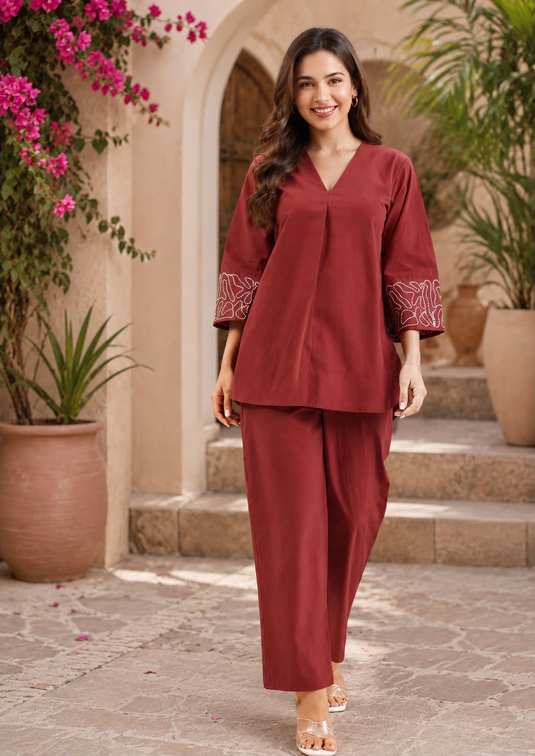 Women’s Maroon Embroidered Sleeve Co-ord Set | Casual V-Neck Top & Straight Pants
