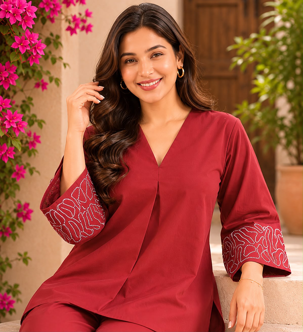 Women’s Maroon Embroidered Sleeve Co-ord Set | Casual V-Neck Top & Straight Pants