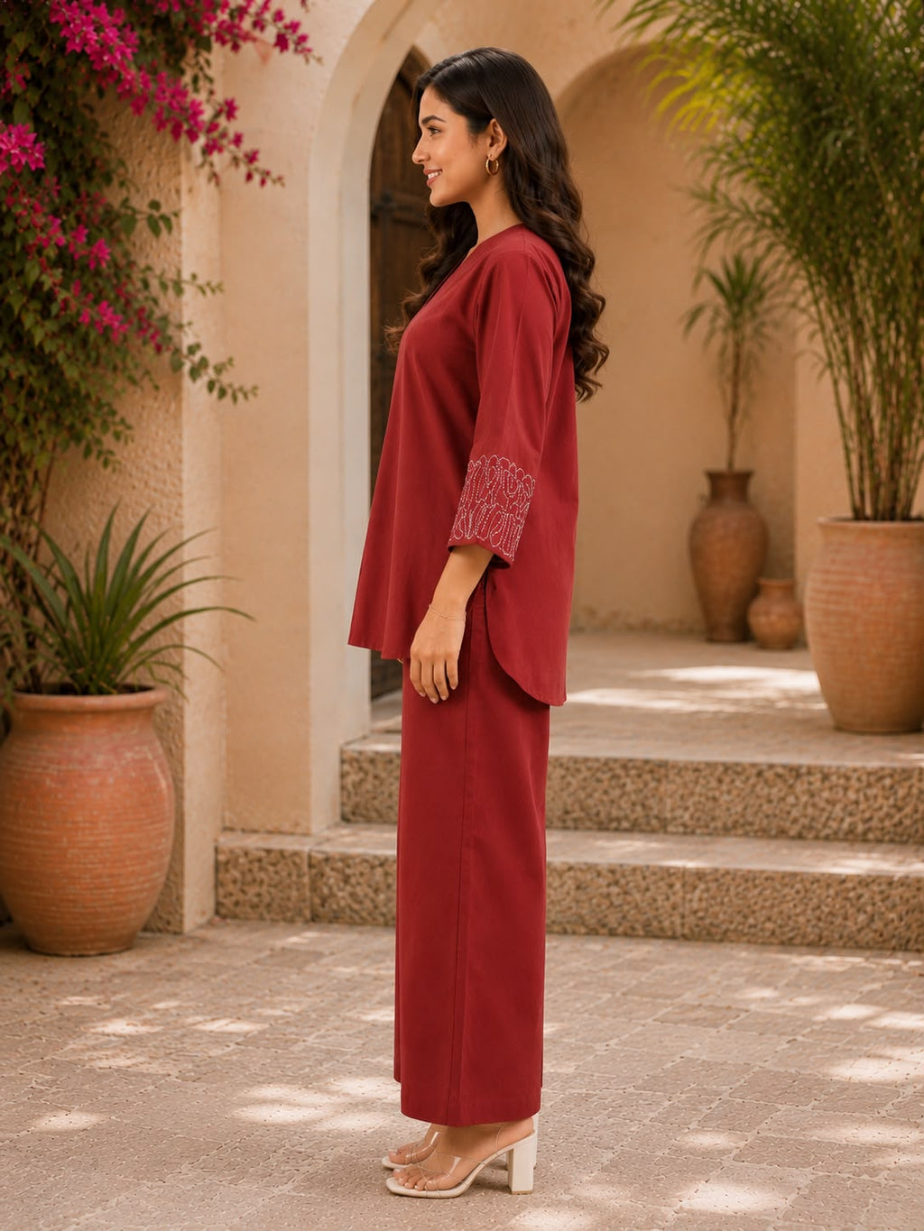 Women’s Maroon Embroidered Sleeve Co-ord Set | Casual V-Neck Top & Straight Pants