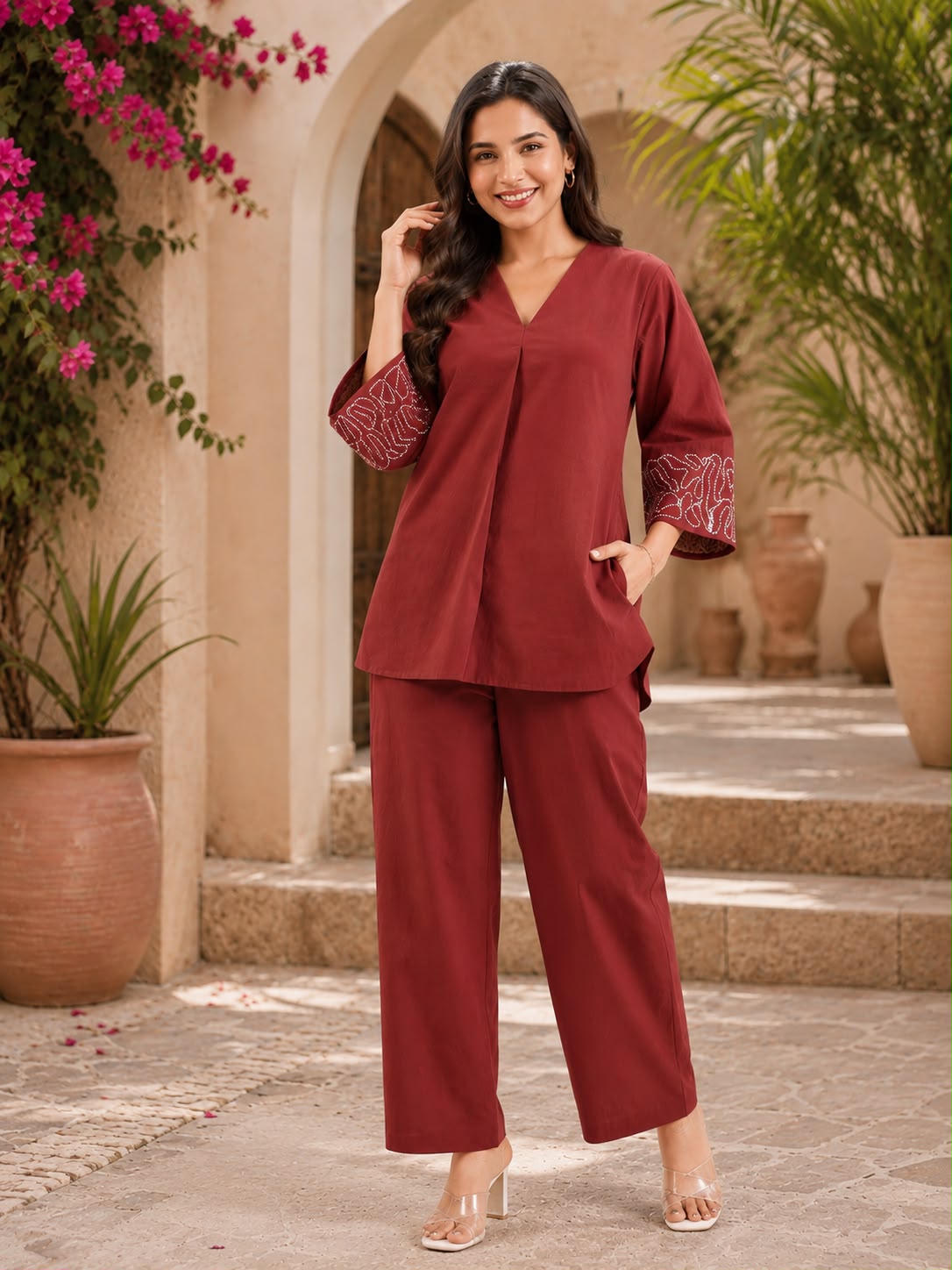 Women’s Maroon Embroidered Sleeve Co-ord Set | Casual V-Neck Top & Straight Pants