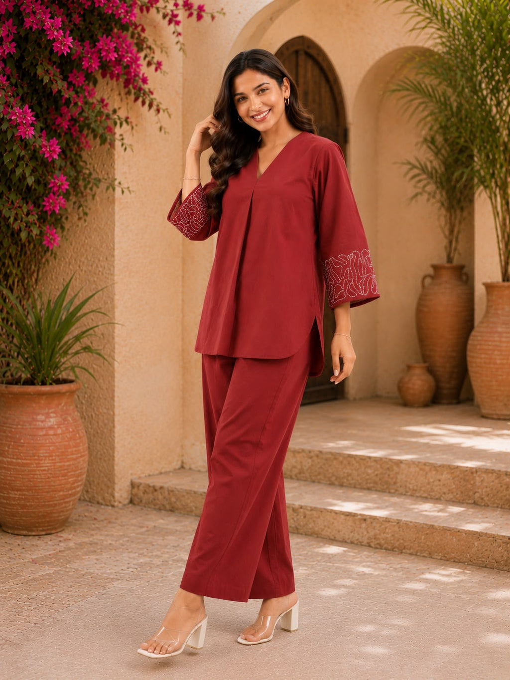 Women’s Maroon Embroidered Sleeve Co-ord Set | Casual V-Neck Top & Straight Pants