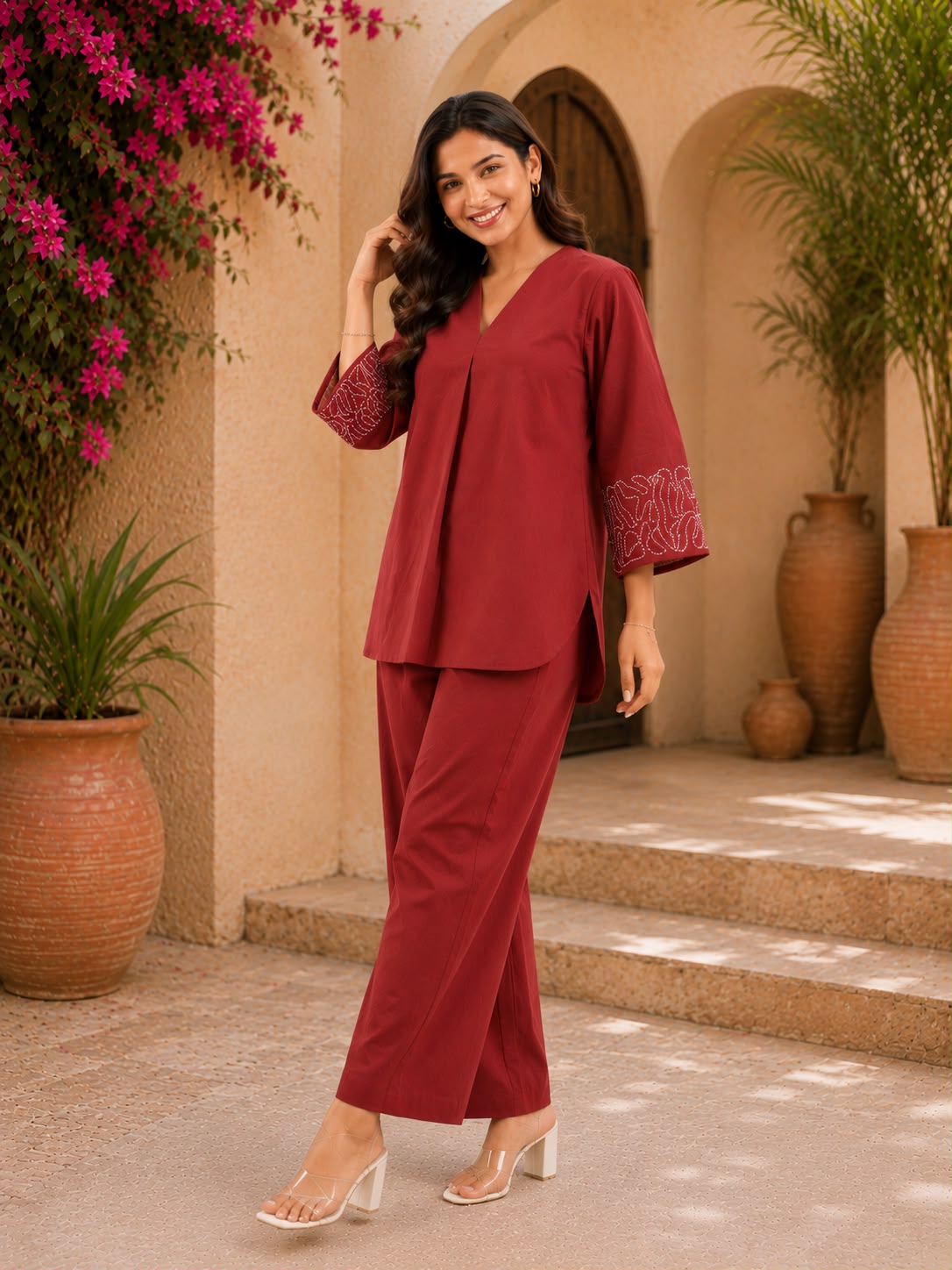 Women’s Maroon Embroidered Sleeve Co-ord Set | Casual V-Neck Top & Straight Pants