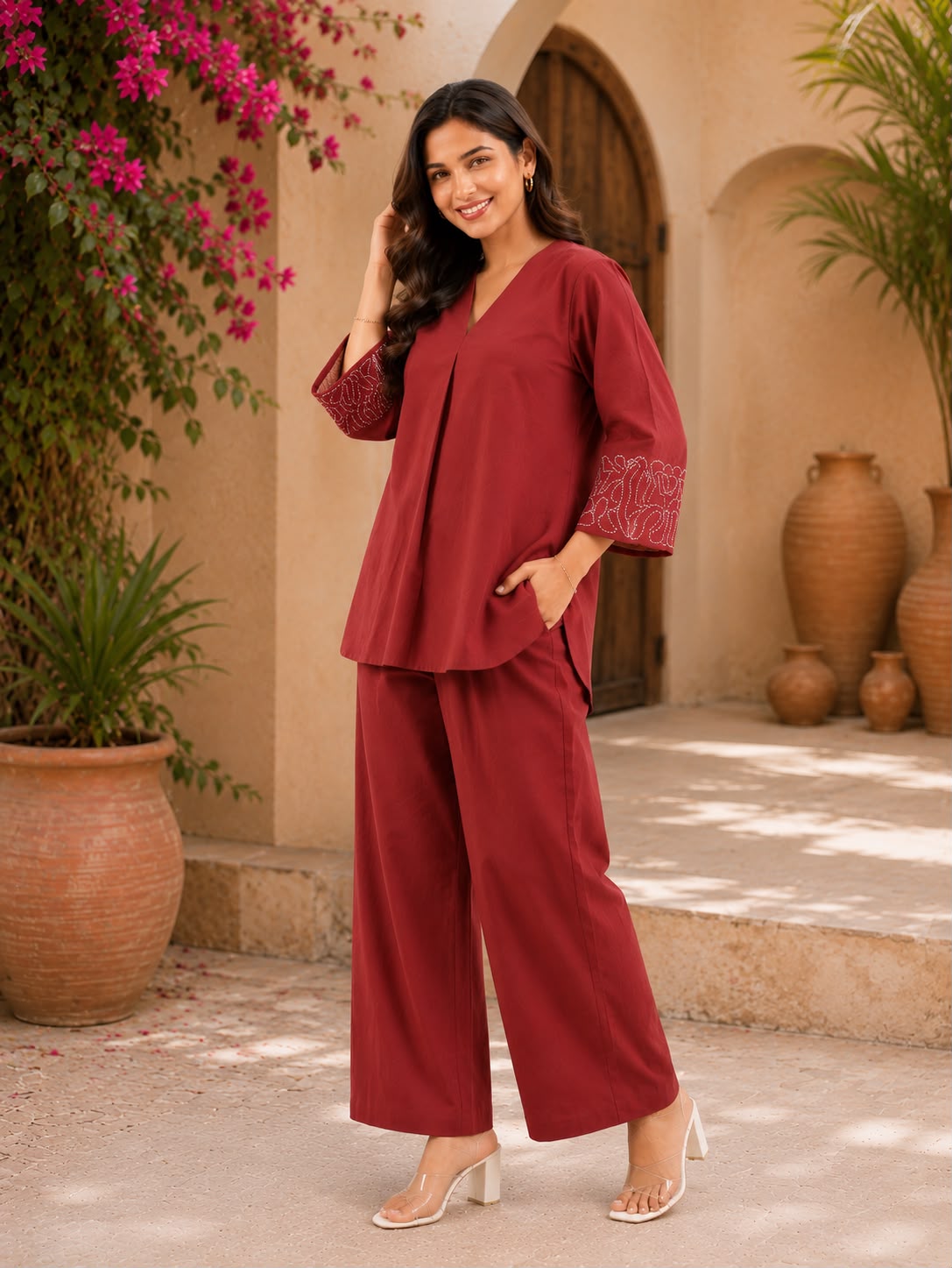 Women’s Maroon Embroidered Sleeve Co-ord Set | Casual V-Neck Top & Straight Pants