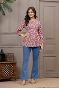 Lavender Abstract Printed Pleated Top | Casual Round Neck 3/4 Sleeve Tunic