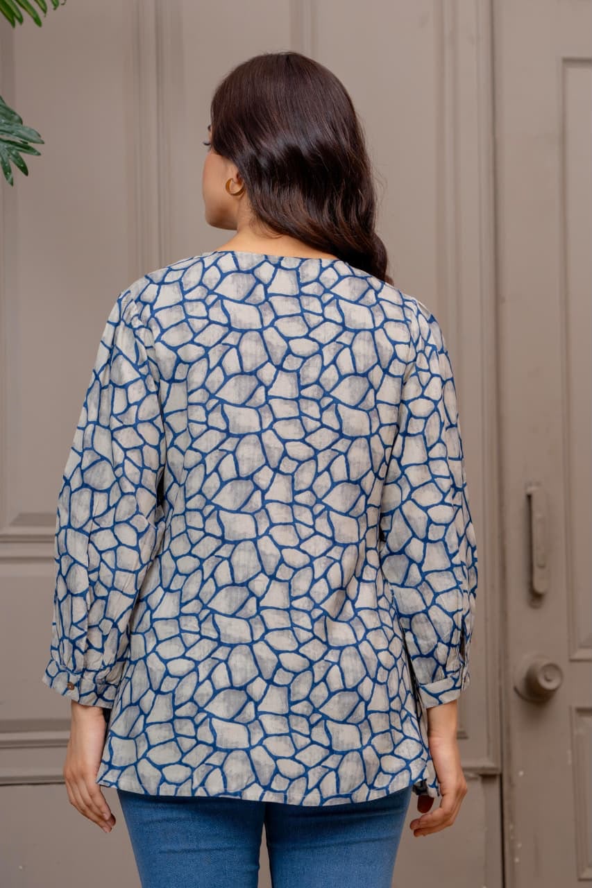 Blue Abstract Printed Pleated Top
