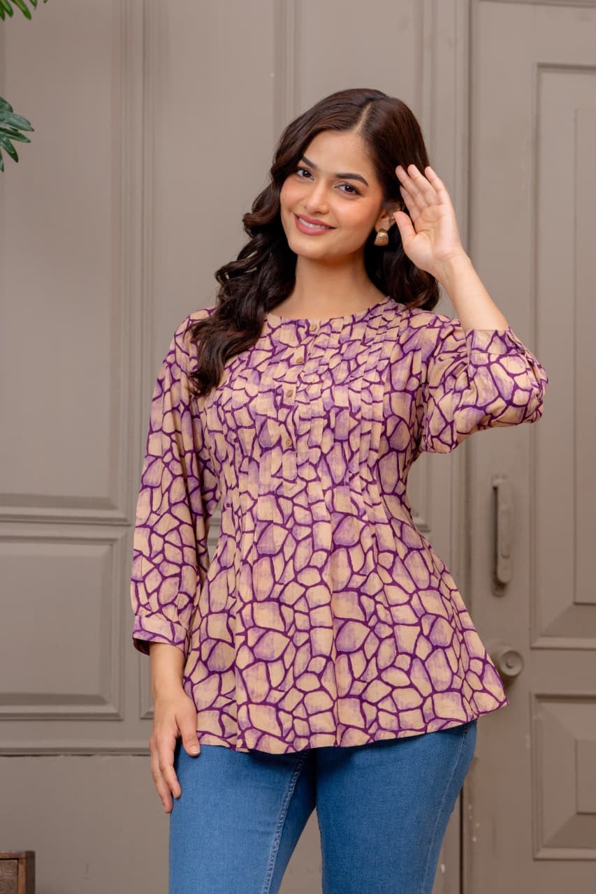 Lavender Abstract Printed Pleated Top | Casual Round Neck 3/4 Sleeve Tunic