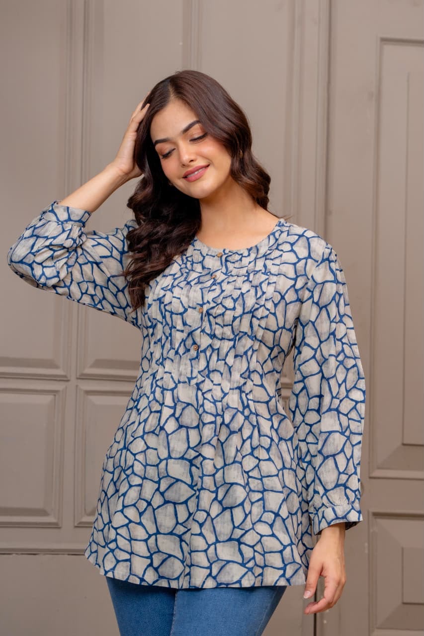 Blue Abstract Printed Pleated Top