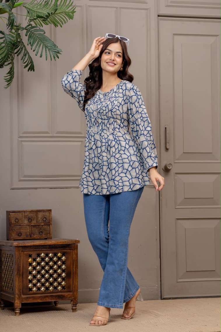 Blue Abstract Printed Pleated Top