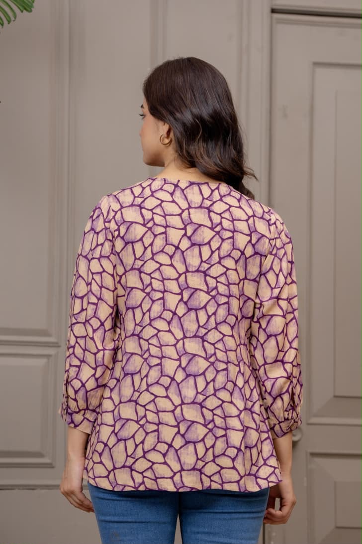 Lavender Abstract Printed Pleated Top | Casual Round Neck 3/4 Sleeve Tunic