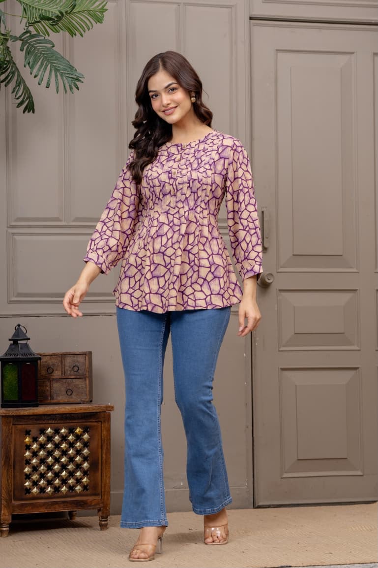 Lavender Abstract Printed Pleated Top | Casual Round Neck 3/4 Sleeve Tunic