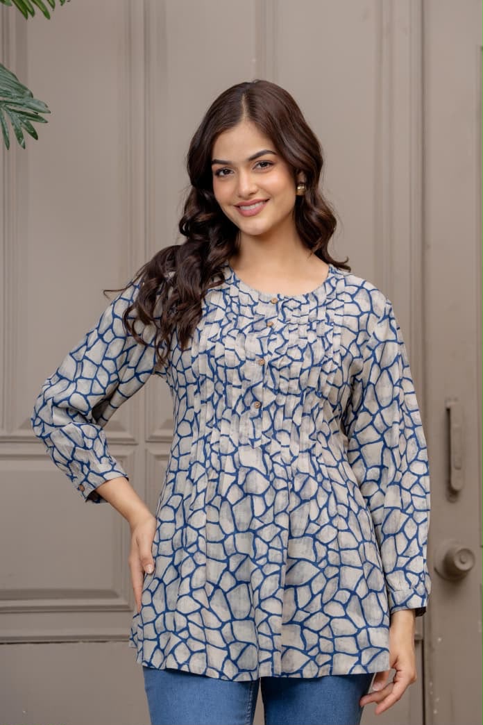 Blue Abstract Printed Pleated Top