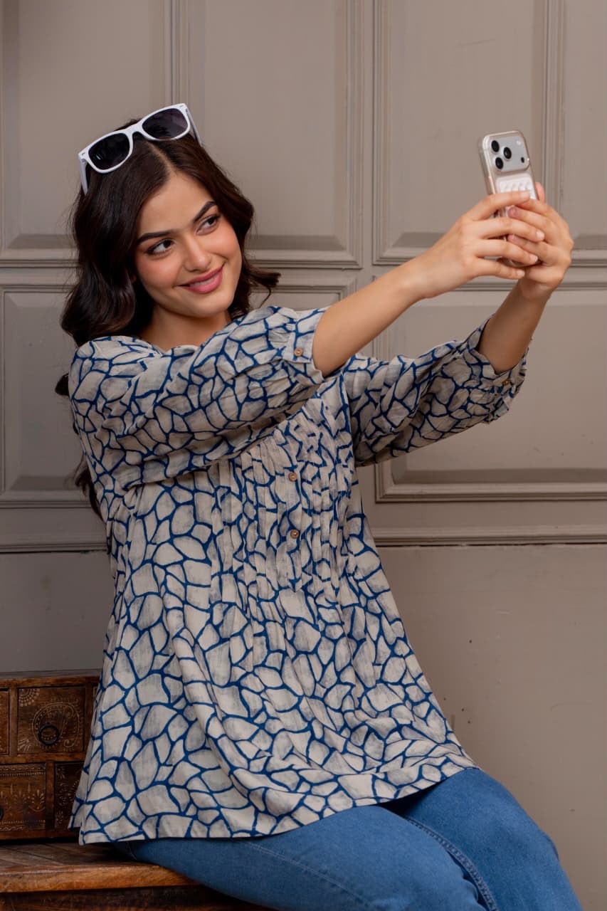 Blue Abstract Printed Pleated Top