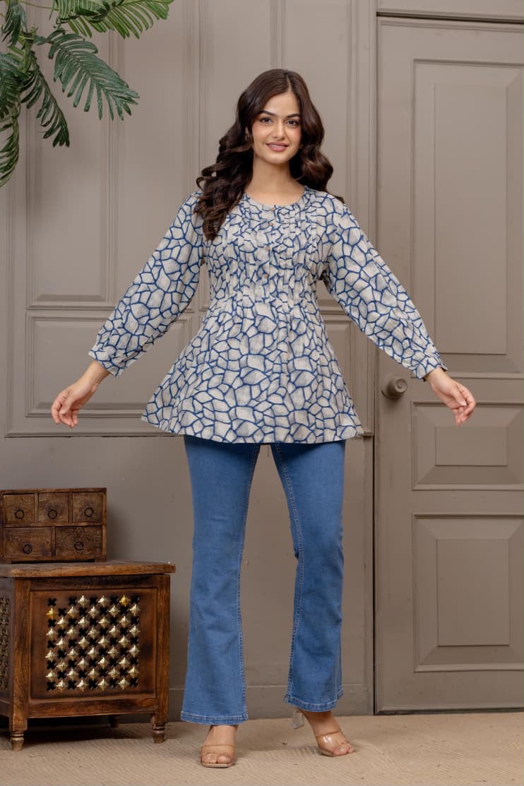 Blue Abstract Printed Pleated Top