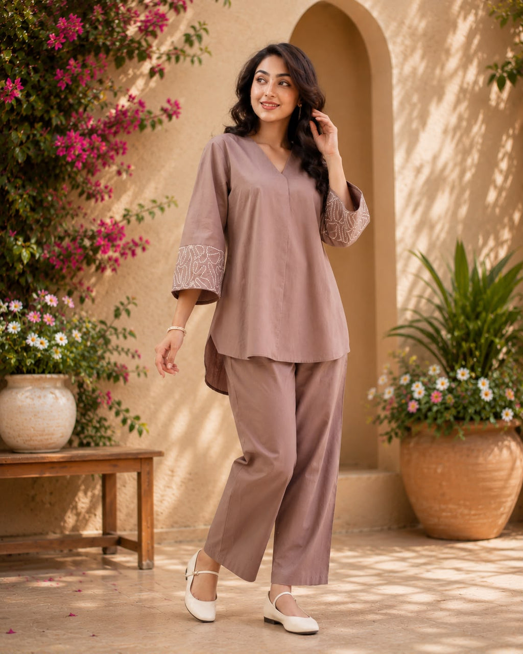 Women’s Mocha Brown Embroidered Sleeve Co-ord Set | Casual V-Neck Top & Straight Pants
