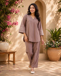 Women’s Mocha Brown Embroidered Sleeve Co-ord Set | Casual V-Neck Top & Straight Pants