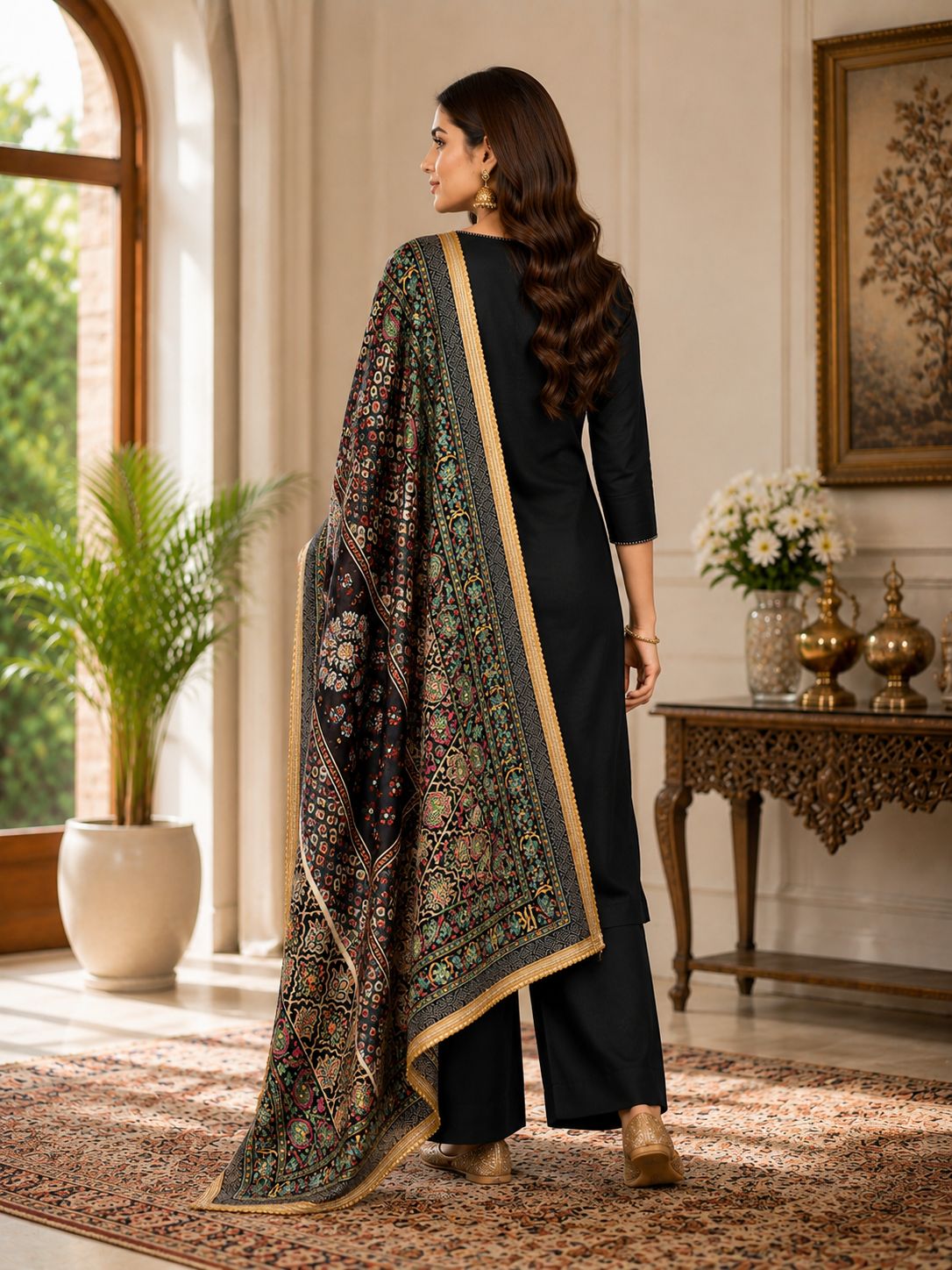 Black Multicolour Printed Ethnic Dupatta for Women