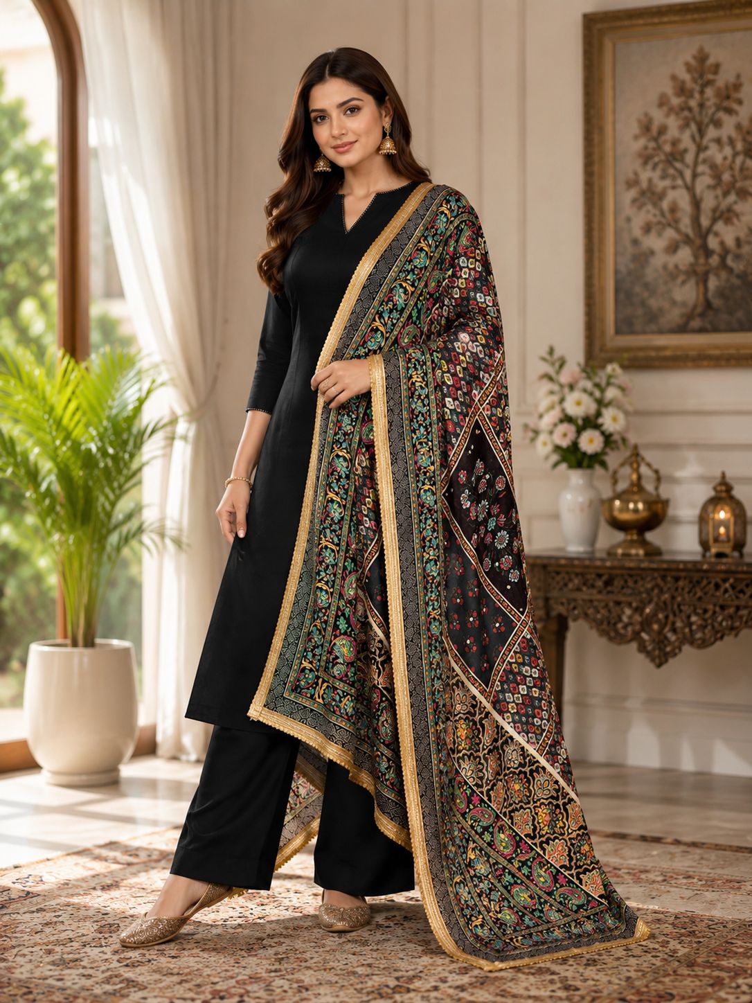 Black Multicolour Printed Ethnic Dupatta for Women