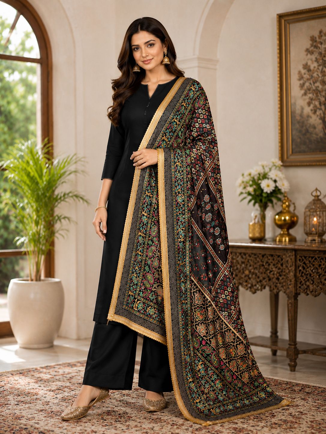 Black Multicolour Printed Ethnic Dupatta for Women