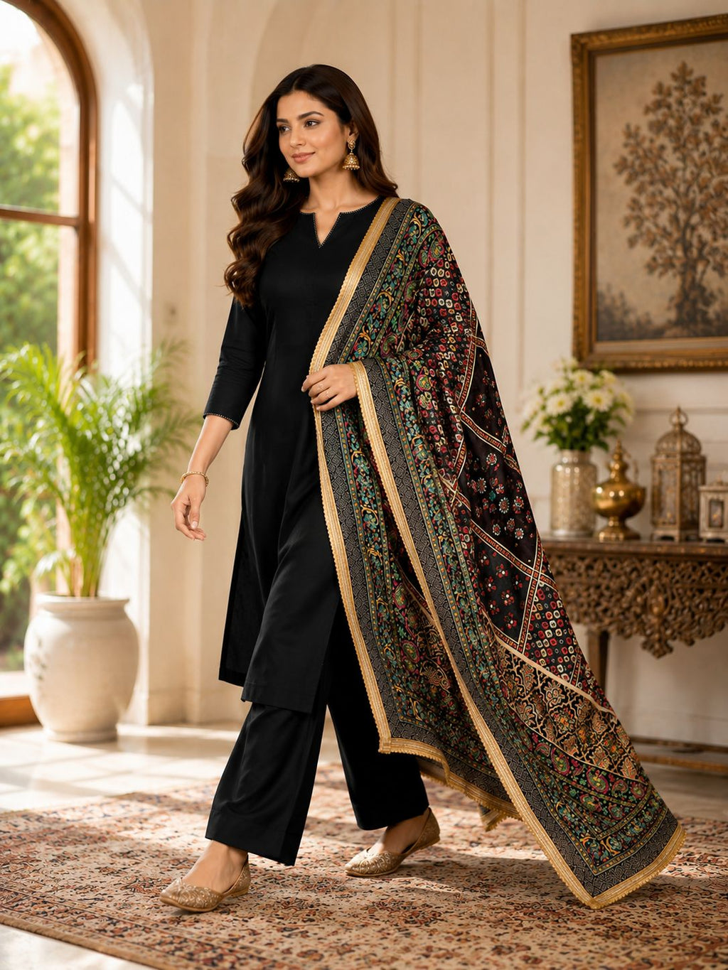 Black Multicolour Printed Ethnic Dupatta for Women