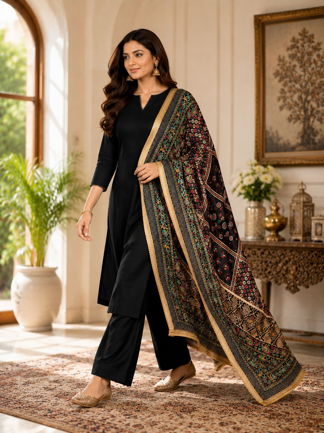 Black Multicolour Printed Ethnic Dupatta for Women