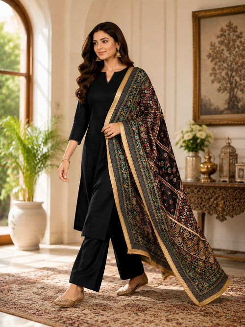 Black Multicolour Printed Ethnic Dupatta for Women