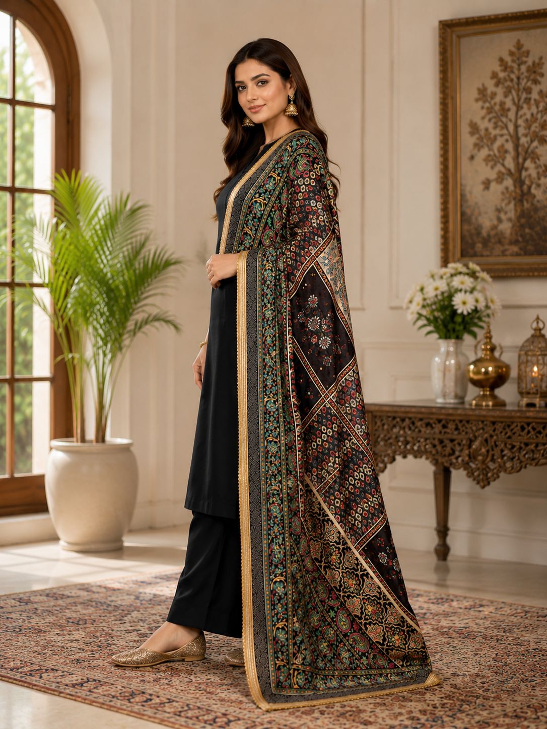 Black Multicolour Printed Ethnic Dupatta for Women