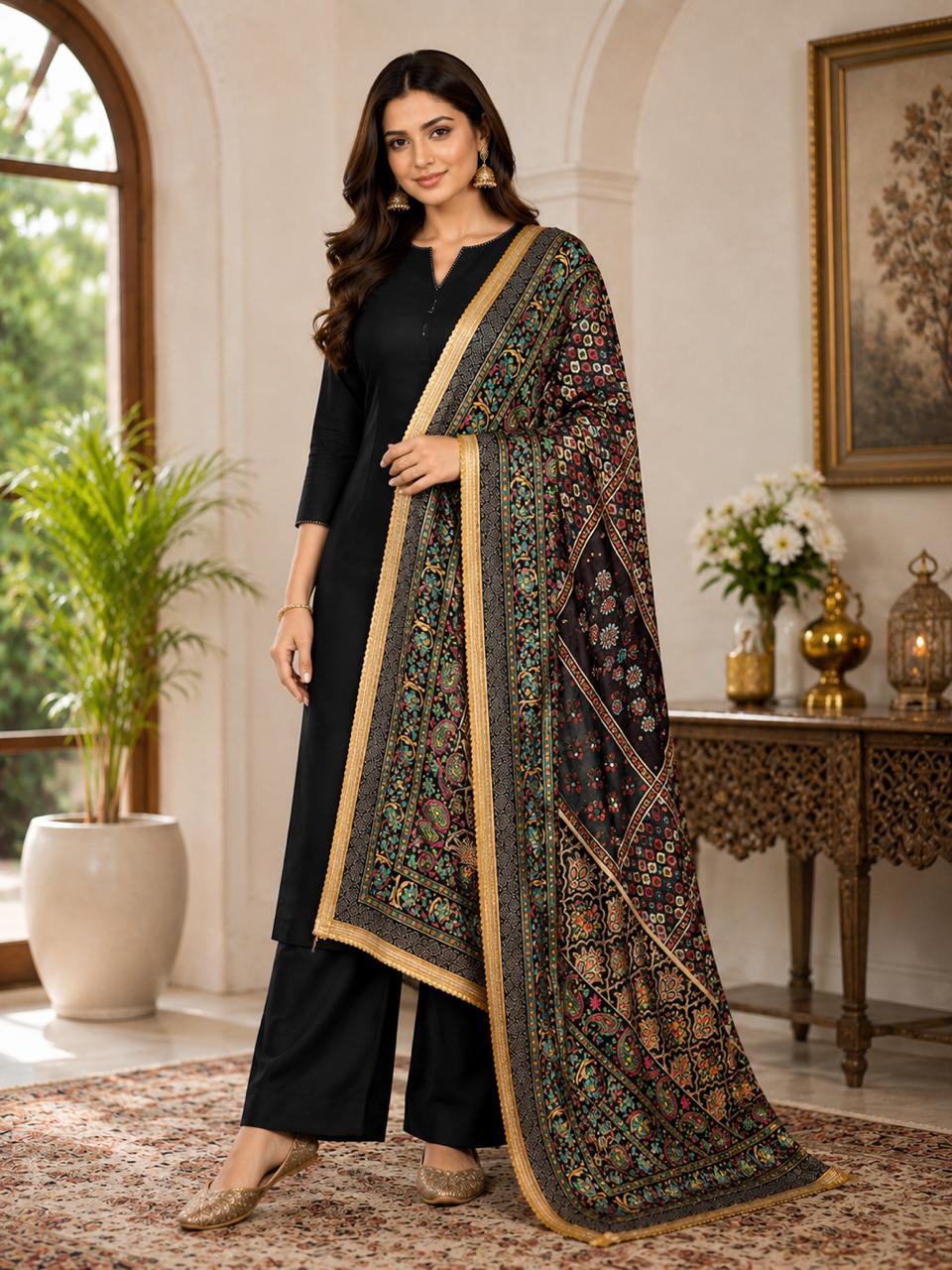 Elegant Black Multicolor Printed Dupatta with Golden Border