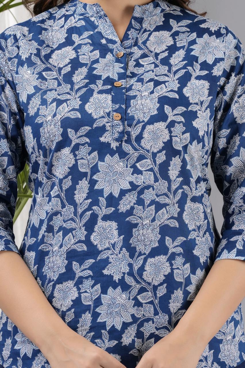 Round Mandarin Collar Sky Blue Floral Print Short Straight Kurti