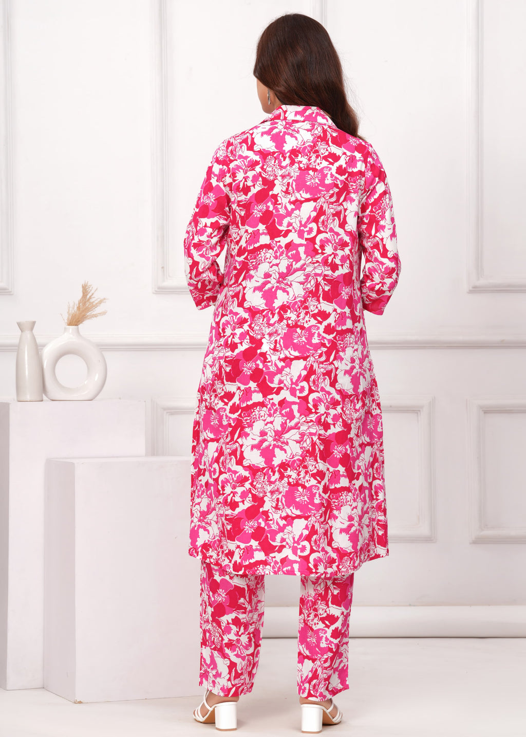 Pink Cotton Printed A Line Cord Set for Women