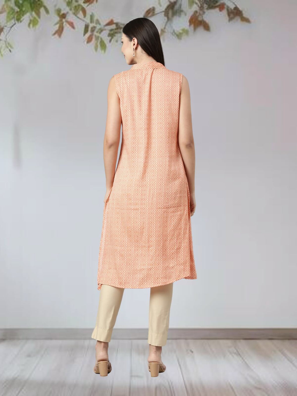 Orange Sleeveless Pastel Kurta With Long Pointed Collar & False Button