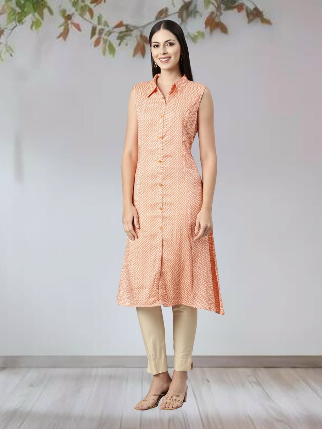 Orange Sleeveless Pastel Kurta With Long Pointed Collar & False Button