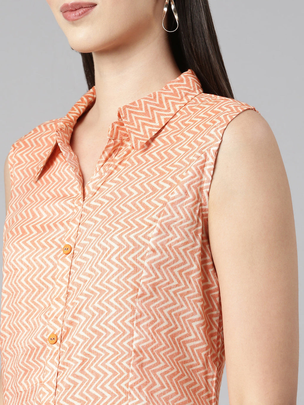Orange Sleeveless Pastel Kurta With Long Pointed Collar & False Button