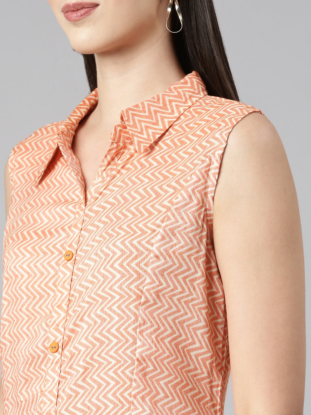 Orange Sleeveless Pastel Kurta With Long Pointed Collar & False Button