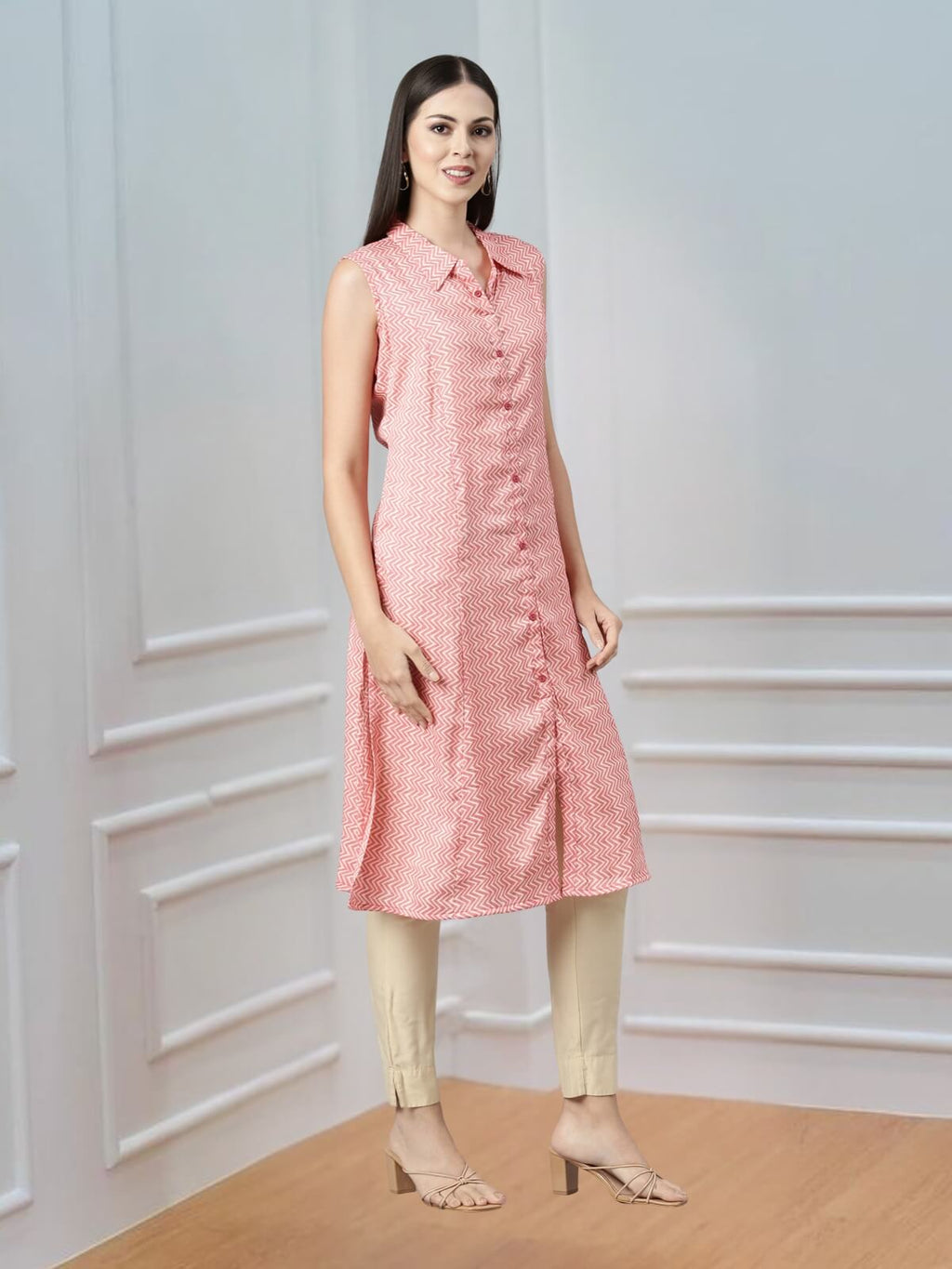 Pastel Pink Kurta with Long Pointed Collar & False Button